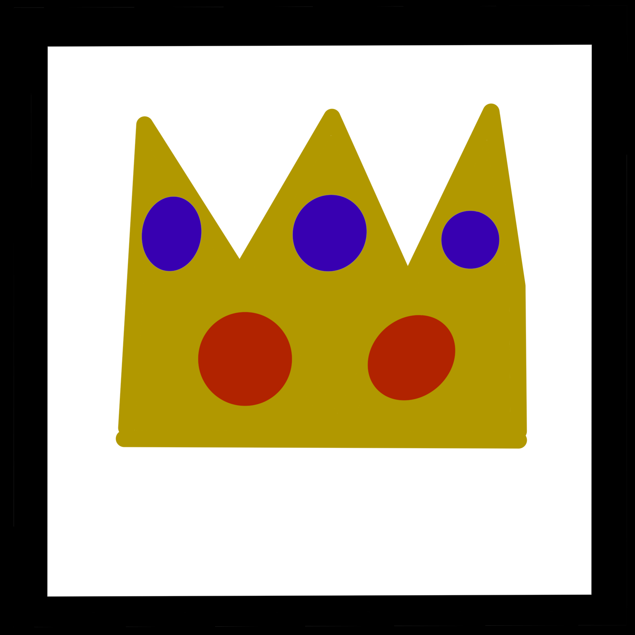  a black square with a drawing of a crown in the center. The crow has three peaks each with a blue jewel on it and below the peaks are two red jewels